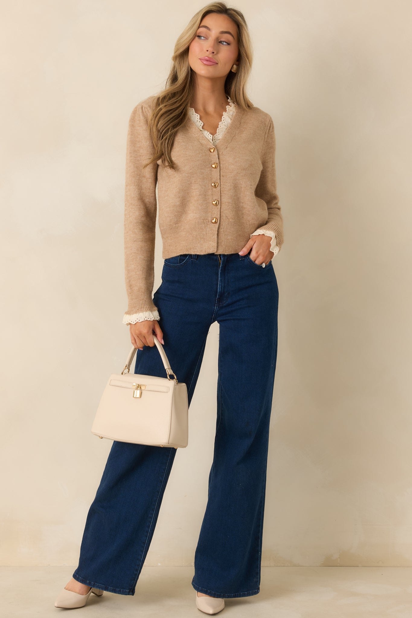 Must Be Love Heathered Taupe Lace Detail Button Front Cardigan Sweater