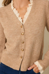 Must Be Love Heathered Taupe Lace Detail Button Front Cardigan Sweater