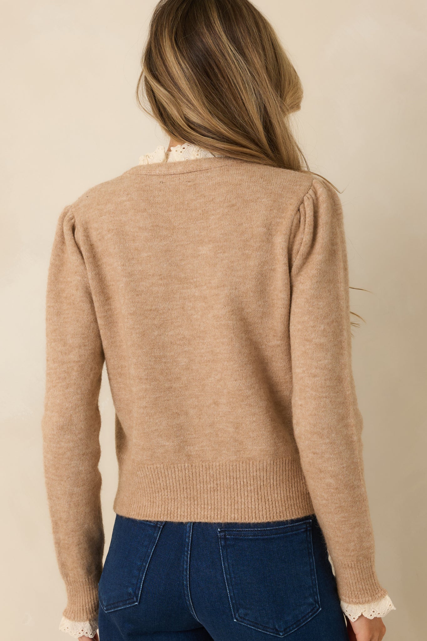 Must Be Love Heathered Taupe Lace Detail Button Front Cardigan Sweater