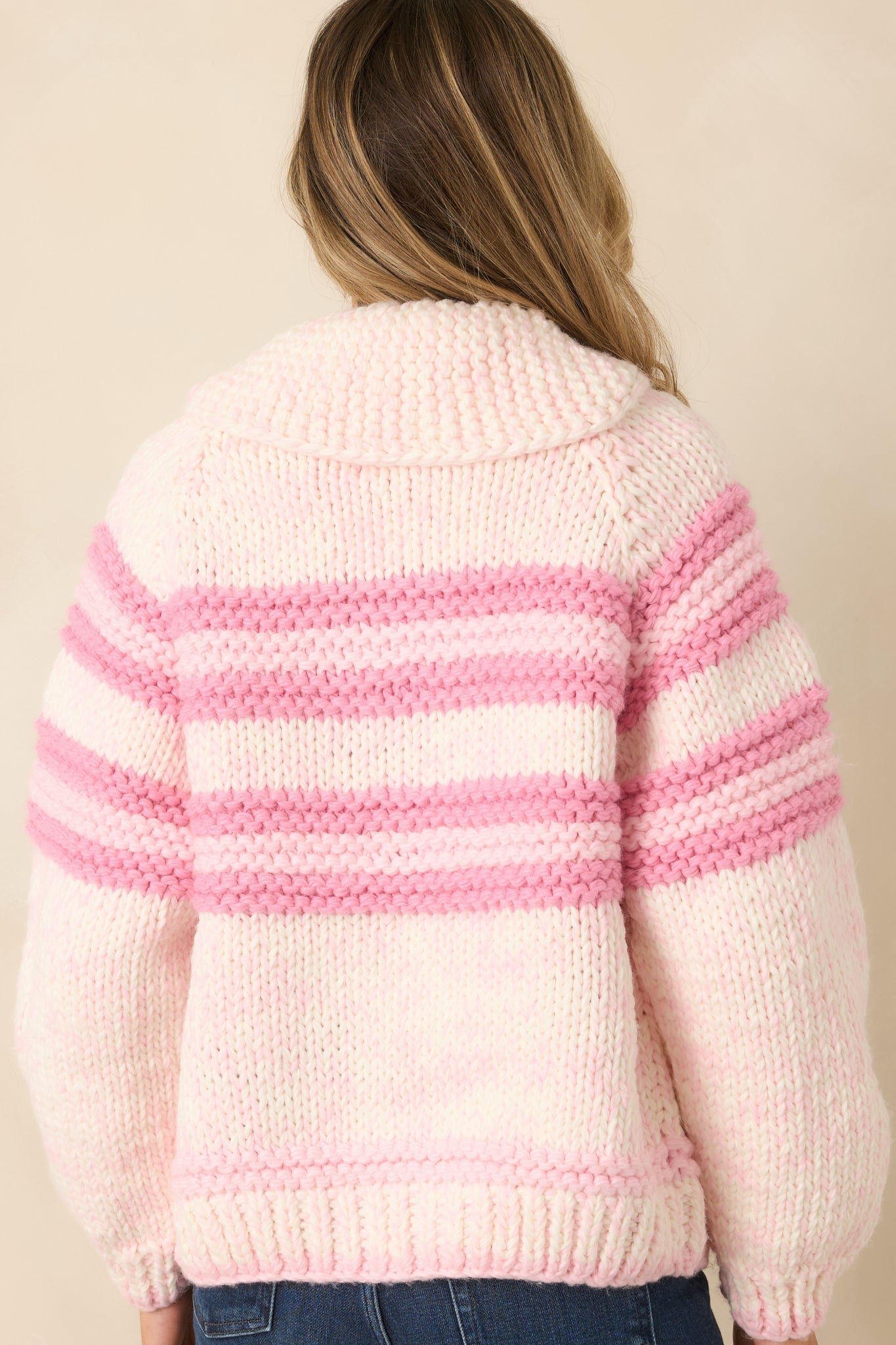 Looking Like Love Pink Multi Chunky Knit Stripe Zip Up Sweater Jacket
