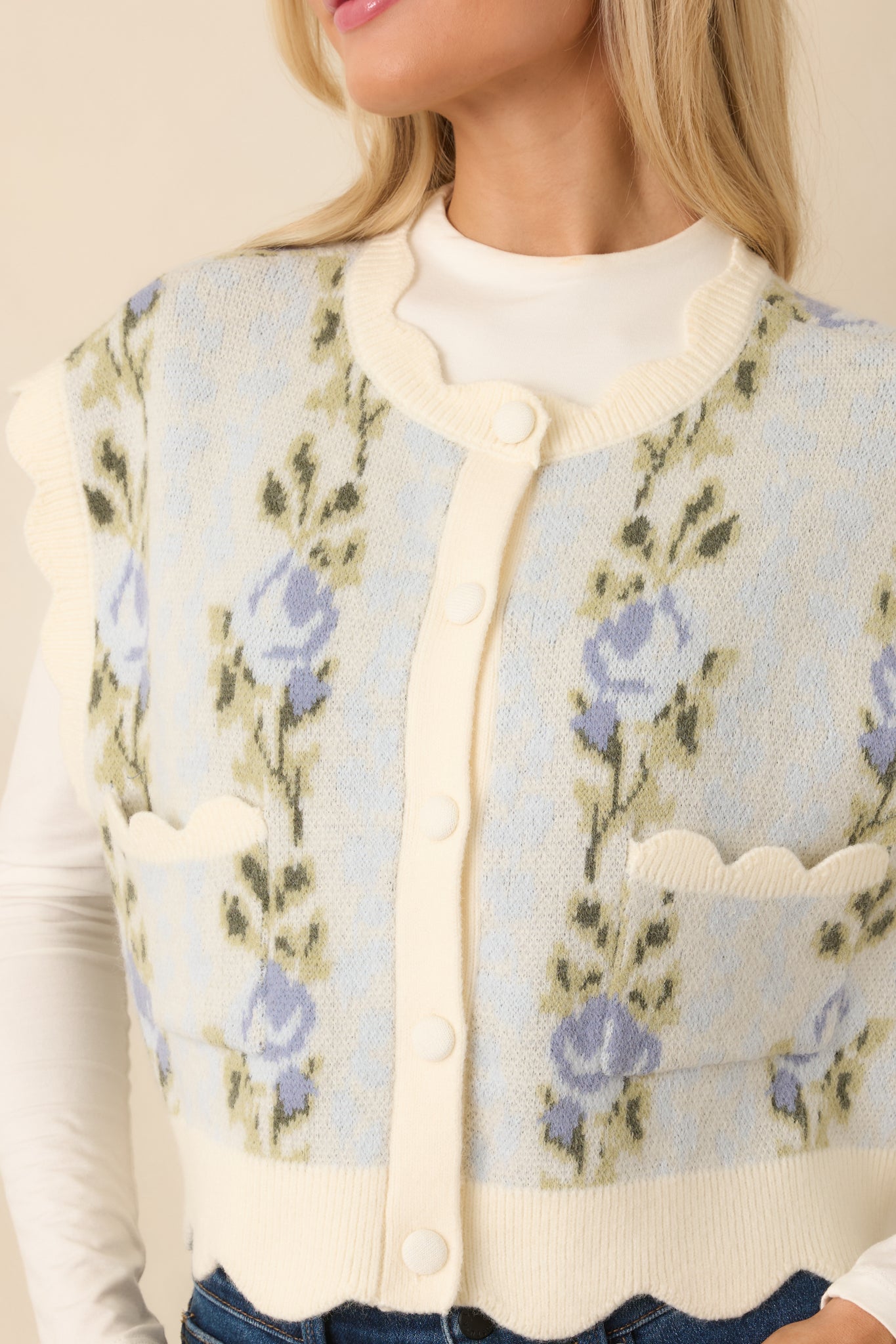 Bloom Baby Bloom Light Blue Floral Knit Scalloped Cropped Vest