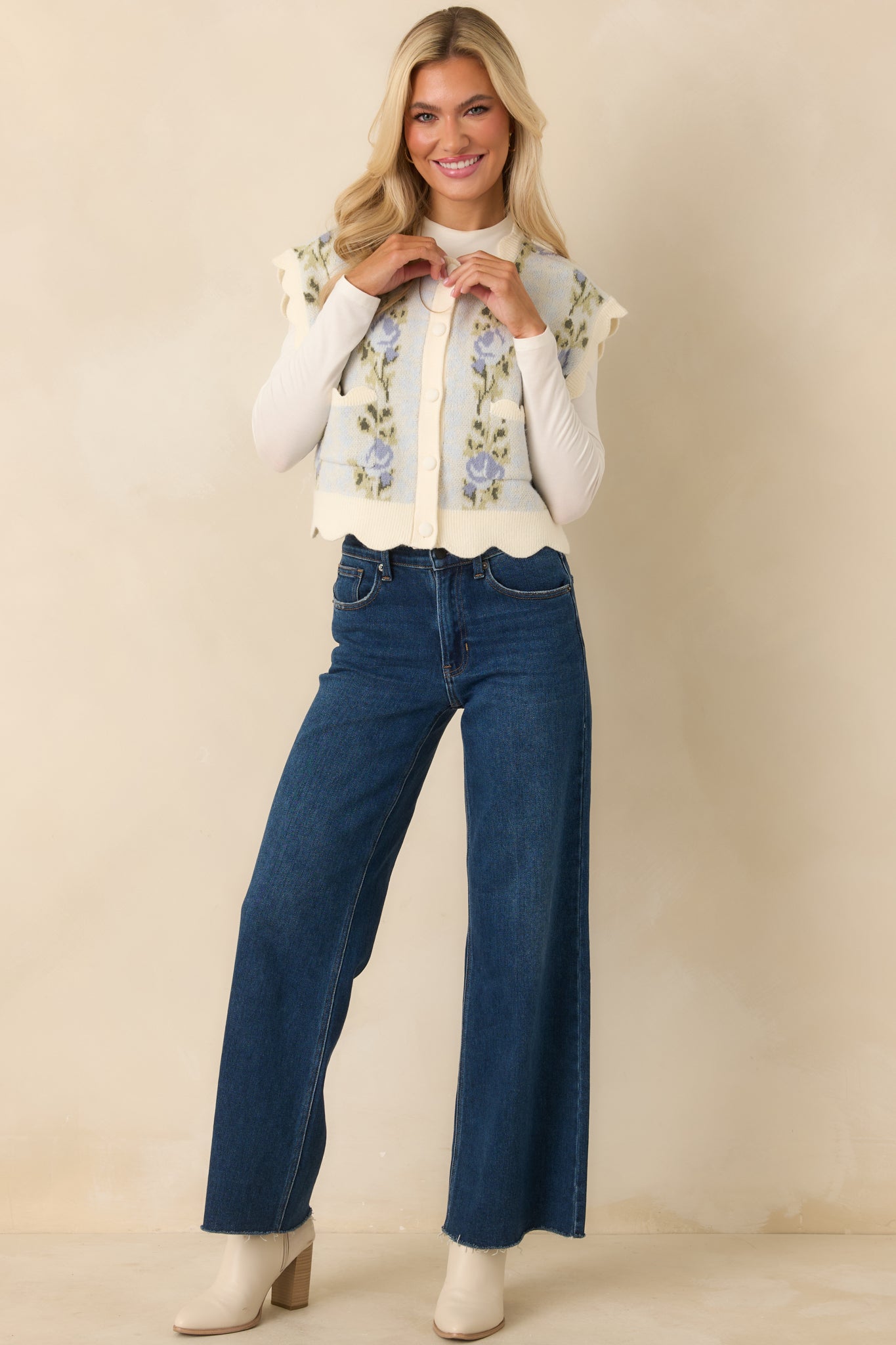 Bloom Baby Bloom Light Blue Floral Knit Scalloped Cropped Vest
