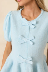 Soft Spoken Sweetness Light Blue Knit Bow Detail Peplum Top