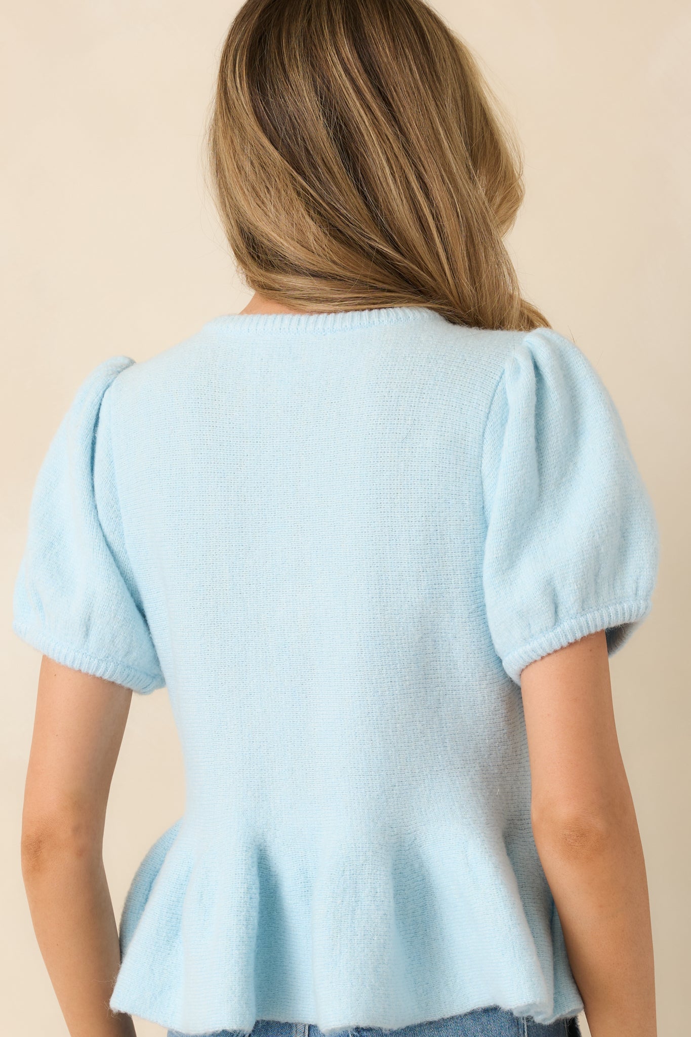 Soft Spoken Sweetness Light Blue Knit Bow Detail Peplum Top