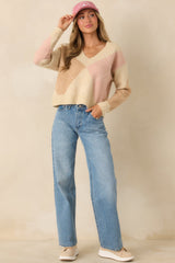 Just My Style Taupe Multi Knit Argyle V-Neck Sweater