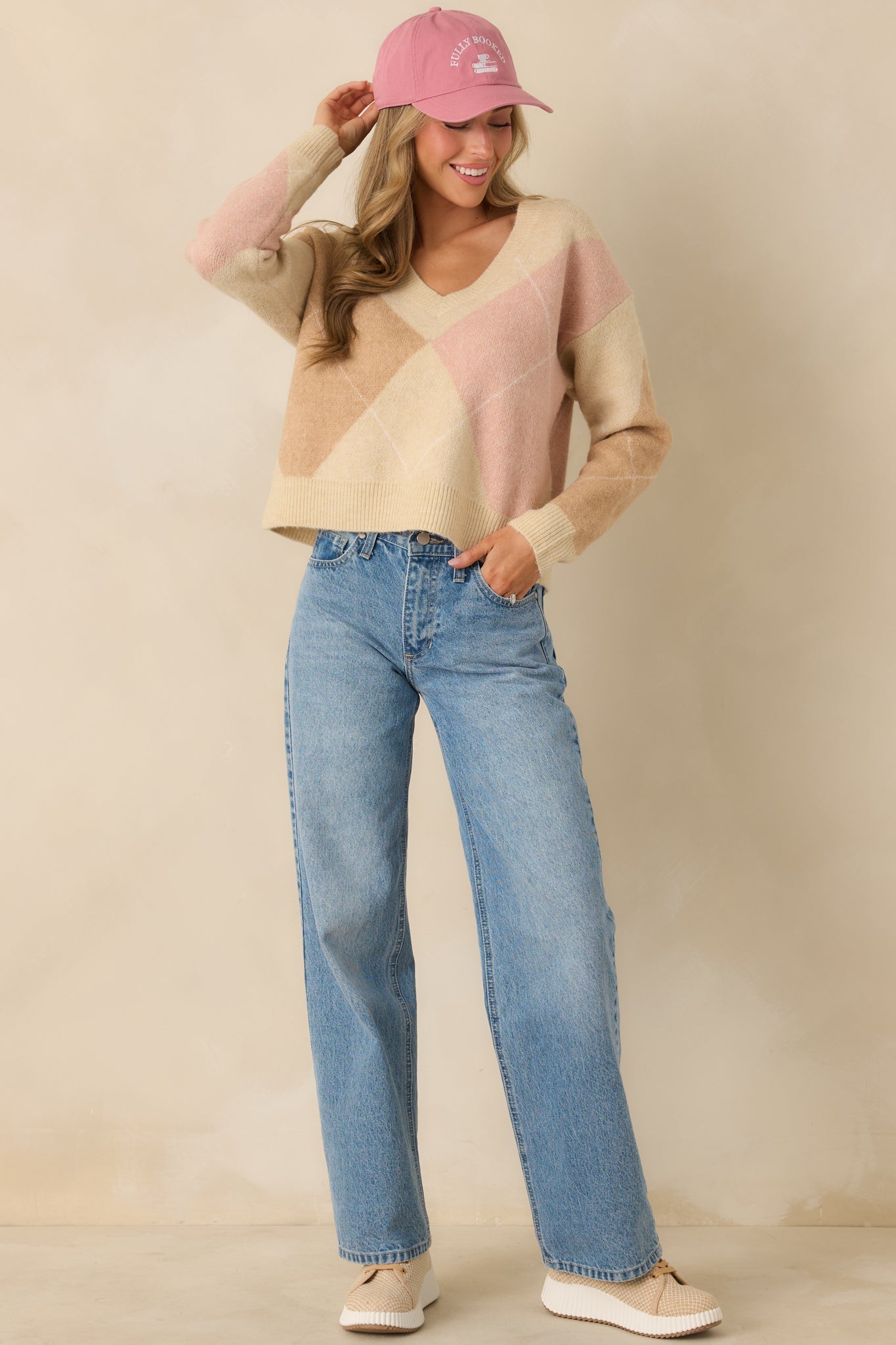 Just My Style Taupe Multi Knit Argyle V-Neck Sweater