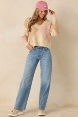 Just My Style Taupe Multi Knit Argyle V-Neck Sweater