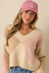 Just My Style Taupe Multi Knit Argyle V-Neck Sweater