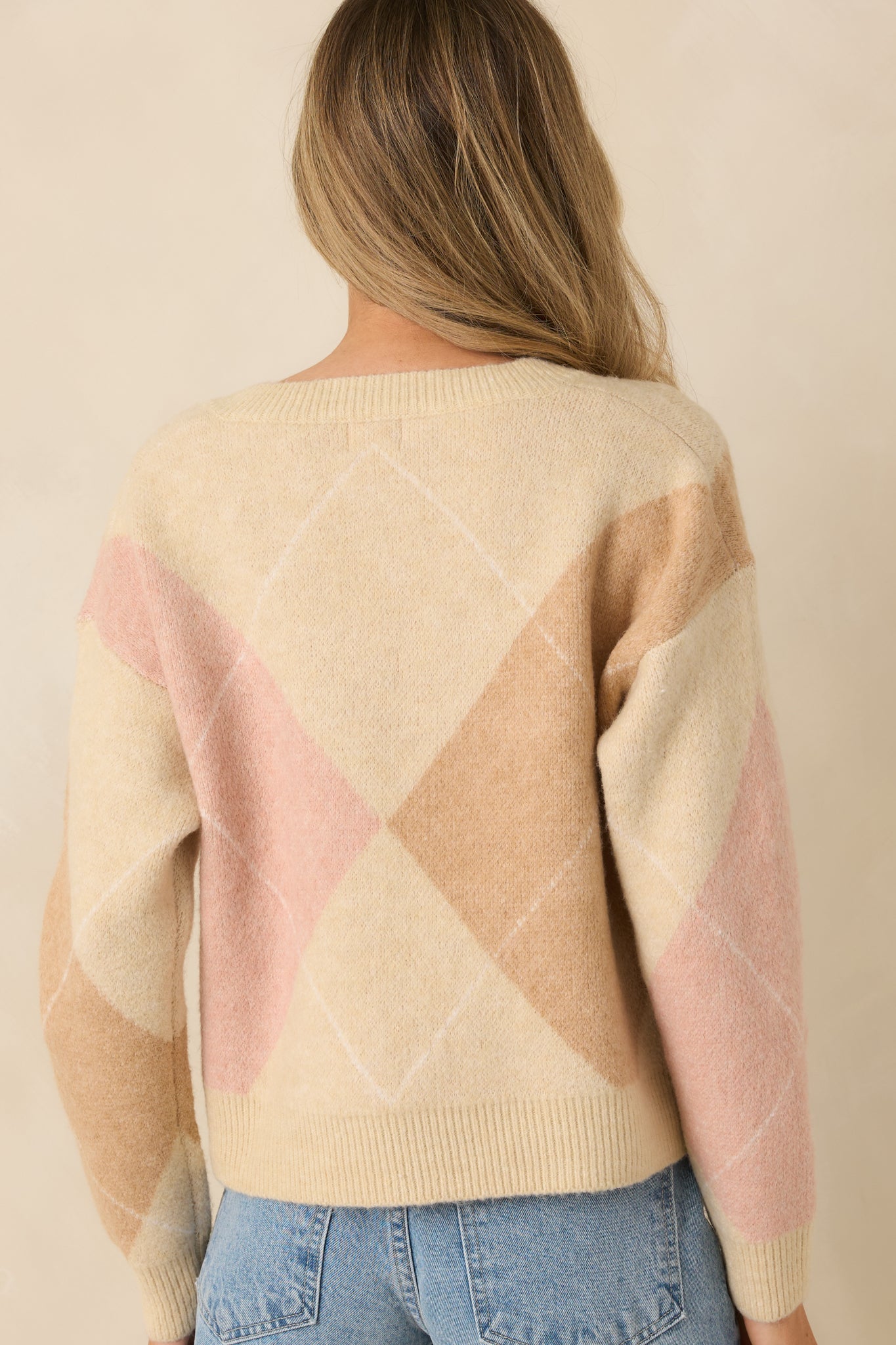 Just My Style Taupe Multi Knit Argyle V-Neck Sweater
