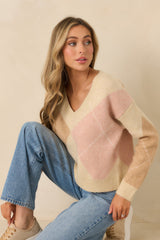 Just My Style Taupe Multi Knit Argyle V-Neck Sweater