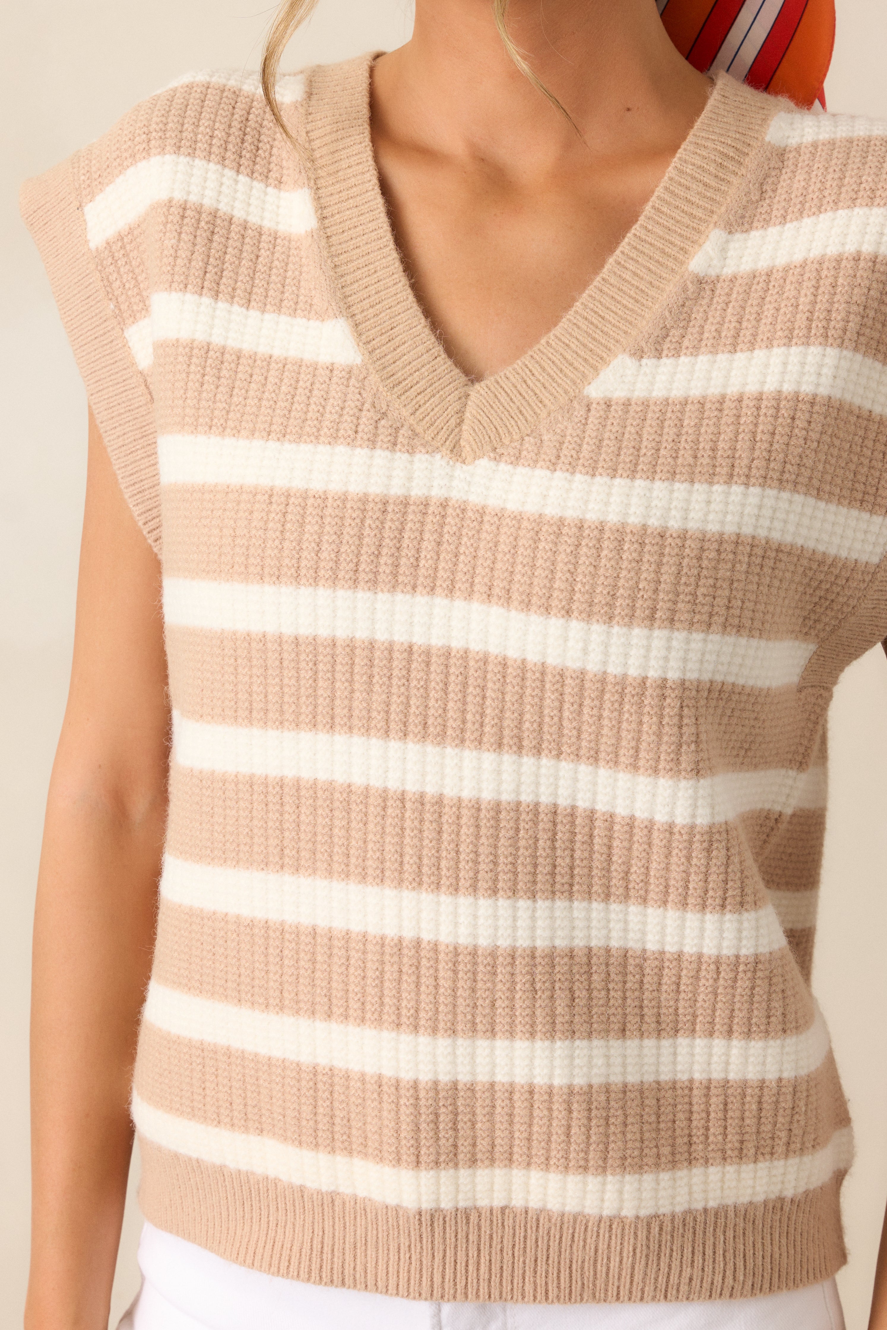 Let's Get Brunch Tan Stripe V-Neck Sweater Vest