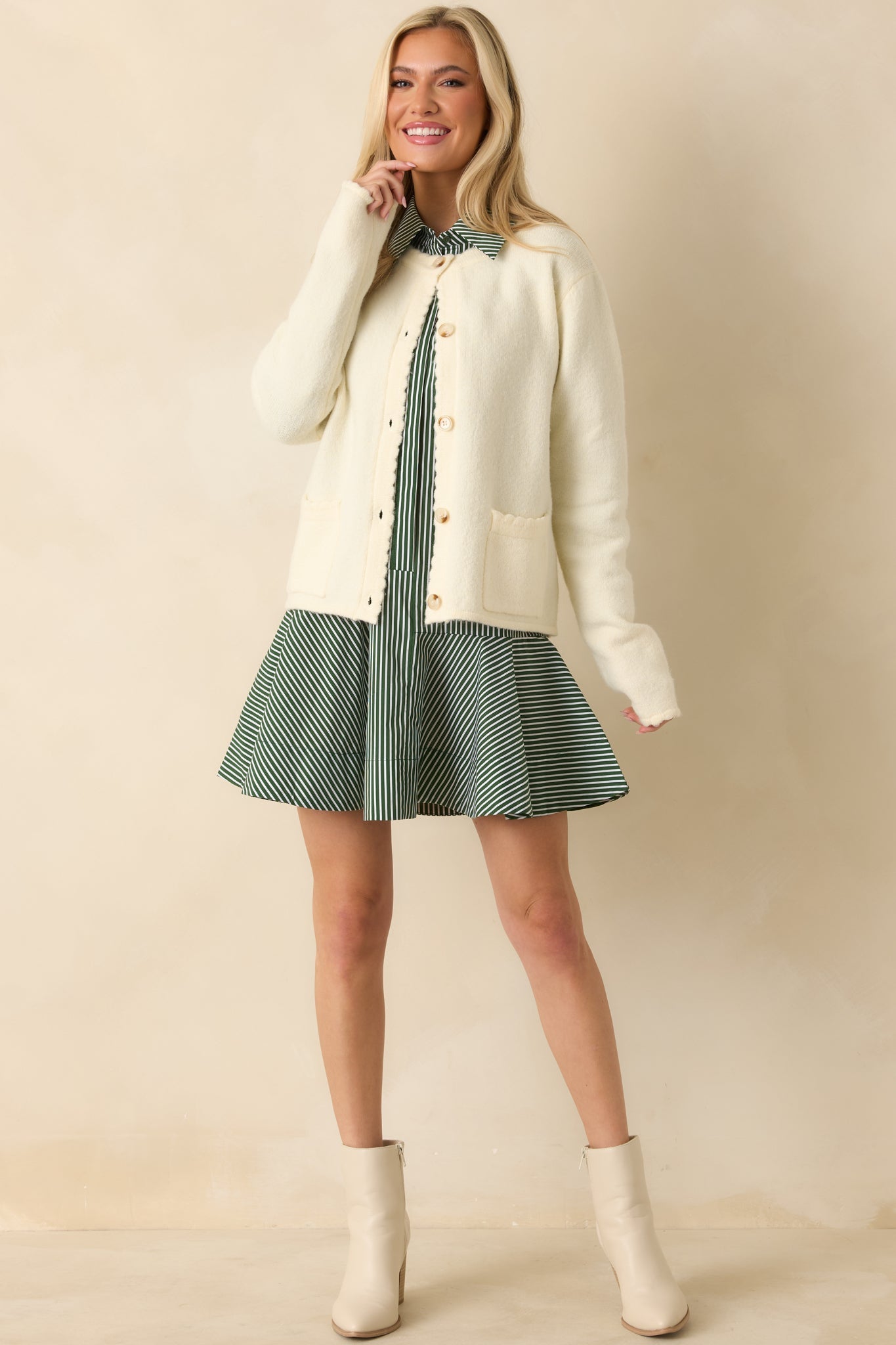 Take Another Chance Ivory Knit Scallop Hem Button Front Cardigan