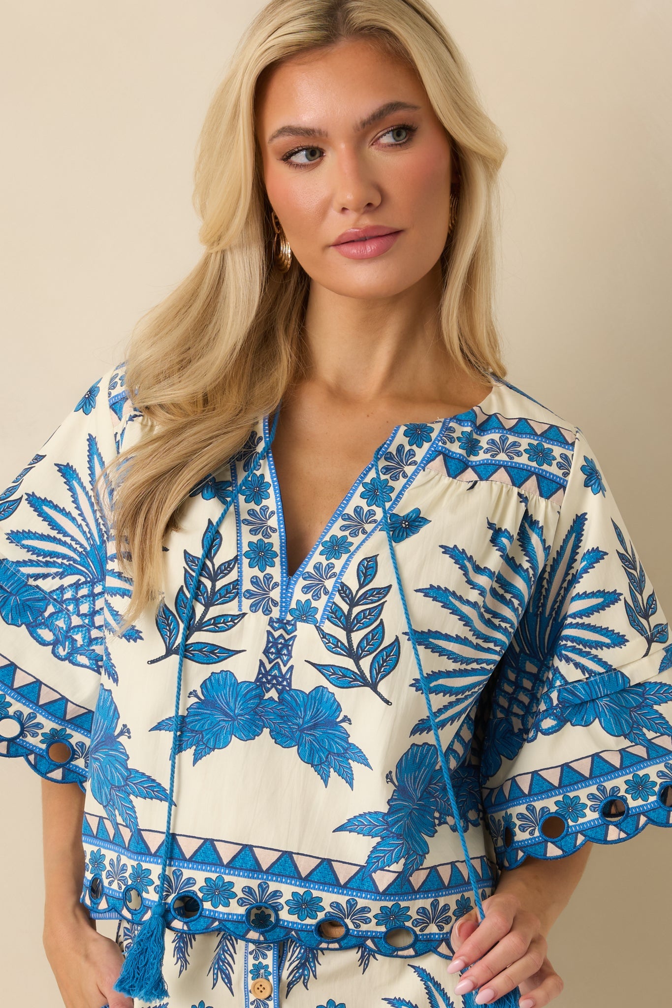 Aylaya Praha Vibrant Blue & Ivory Cotton Tropical Print V-Neck Top