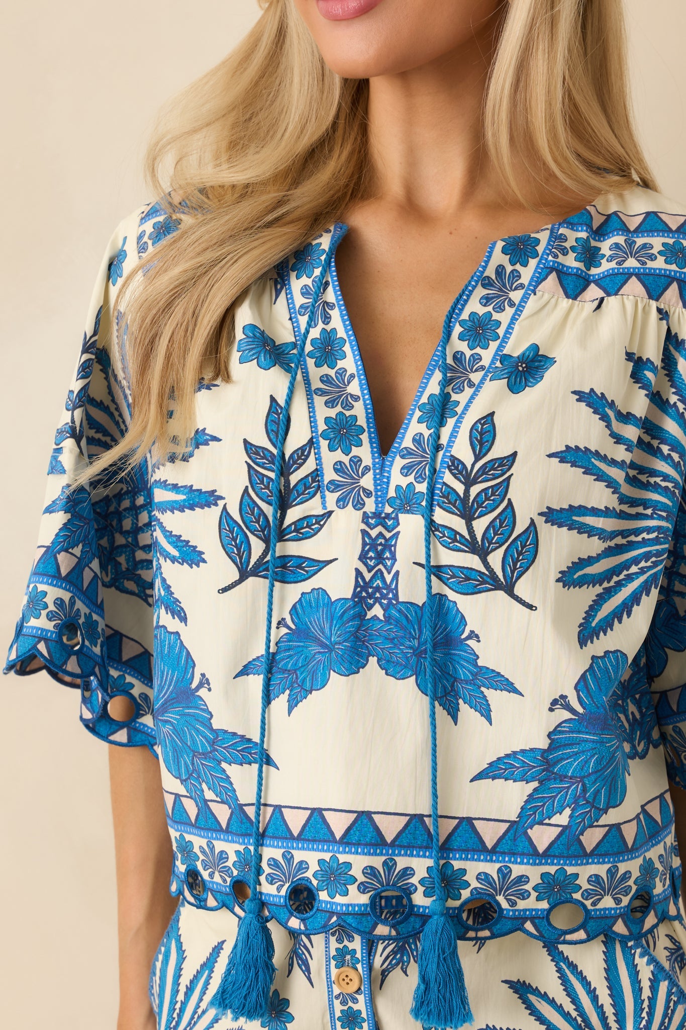 Aylaya Praha Vibrant Blue & Ivory Cotton Tropical Print V-Neck Top