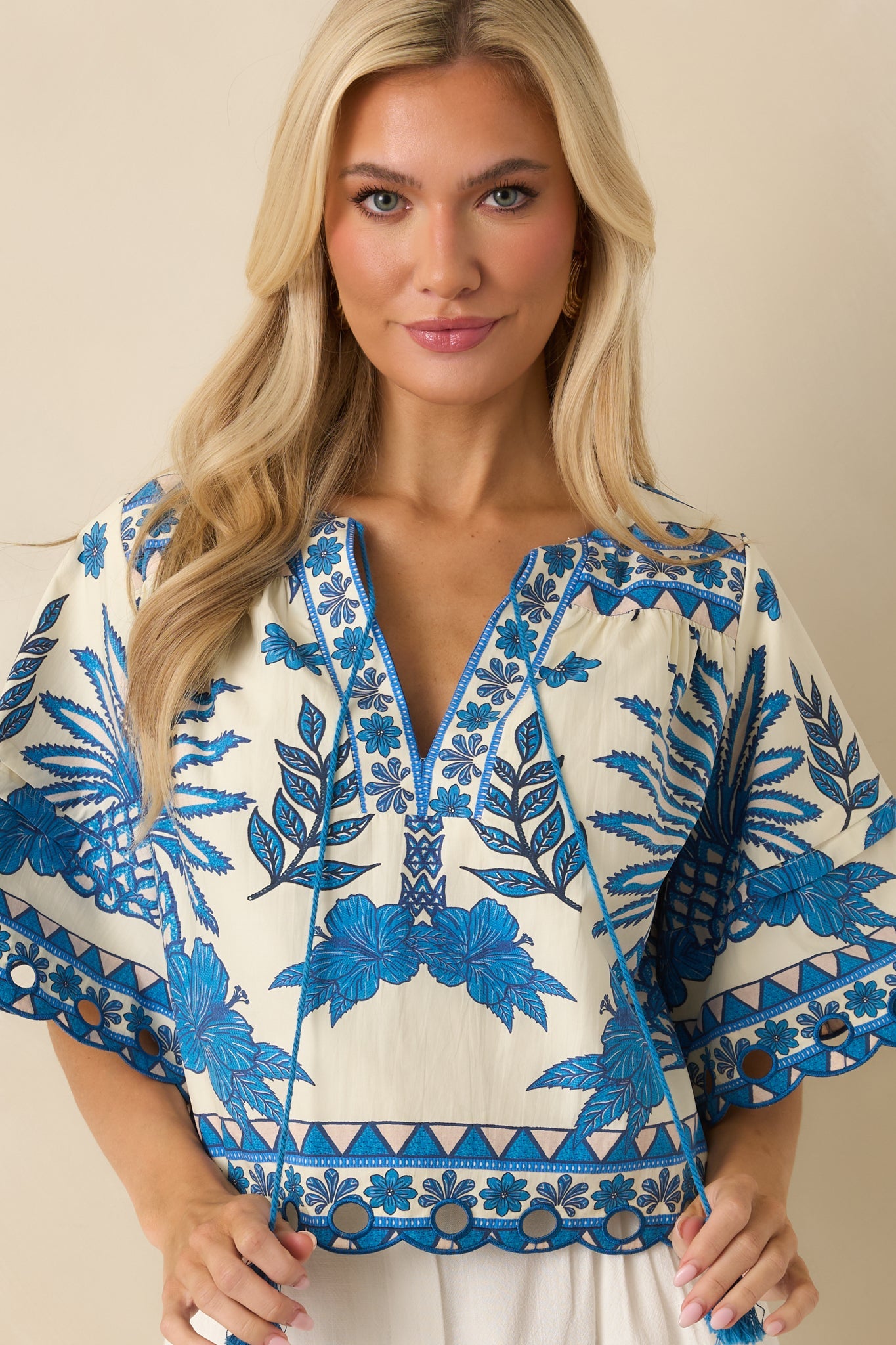 Aylaya Praha Vibrant Blue & Ivory Cotton Tropical Print V-Neck Top