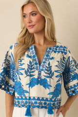 Aylaya Praha Vibrant Blue & Ivory Cotton Tropical Print V-Neck Top