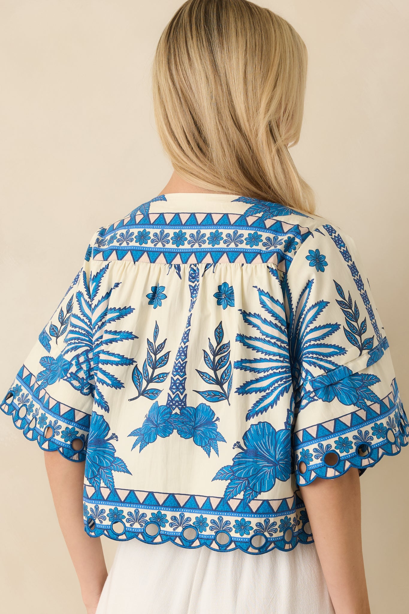 Aylaya Praha Vibrant Blue & Ivory Cotton Tropical Print V-Neck Top