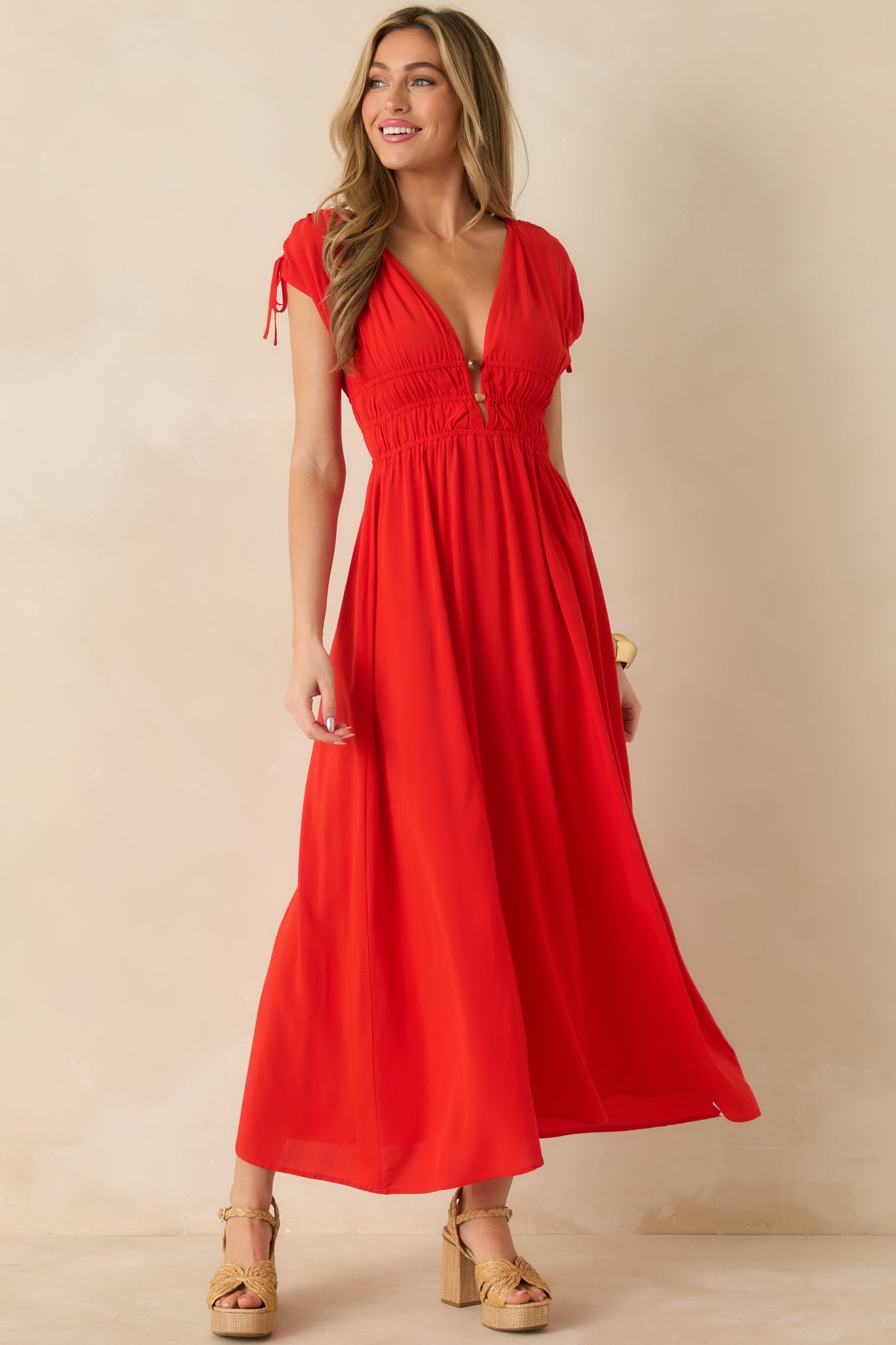 MINKPINK Scarlett Flame Red V-Neck Bead Detail Midi Dress
