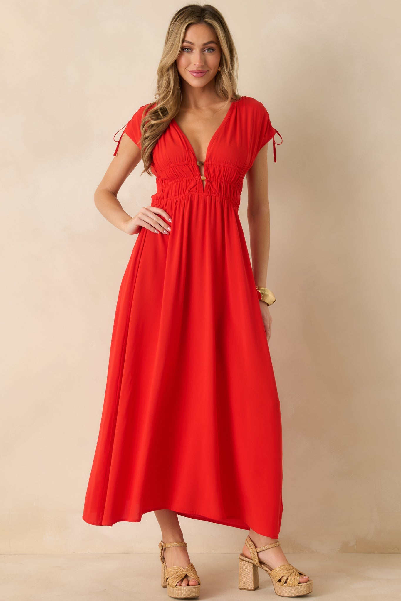 MINKPINK Scarlett Flame Red V-Neck Bead Detail Midi Dress