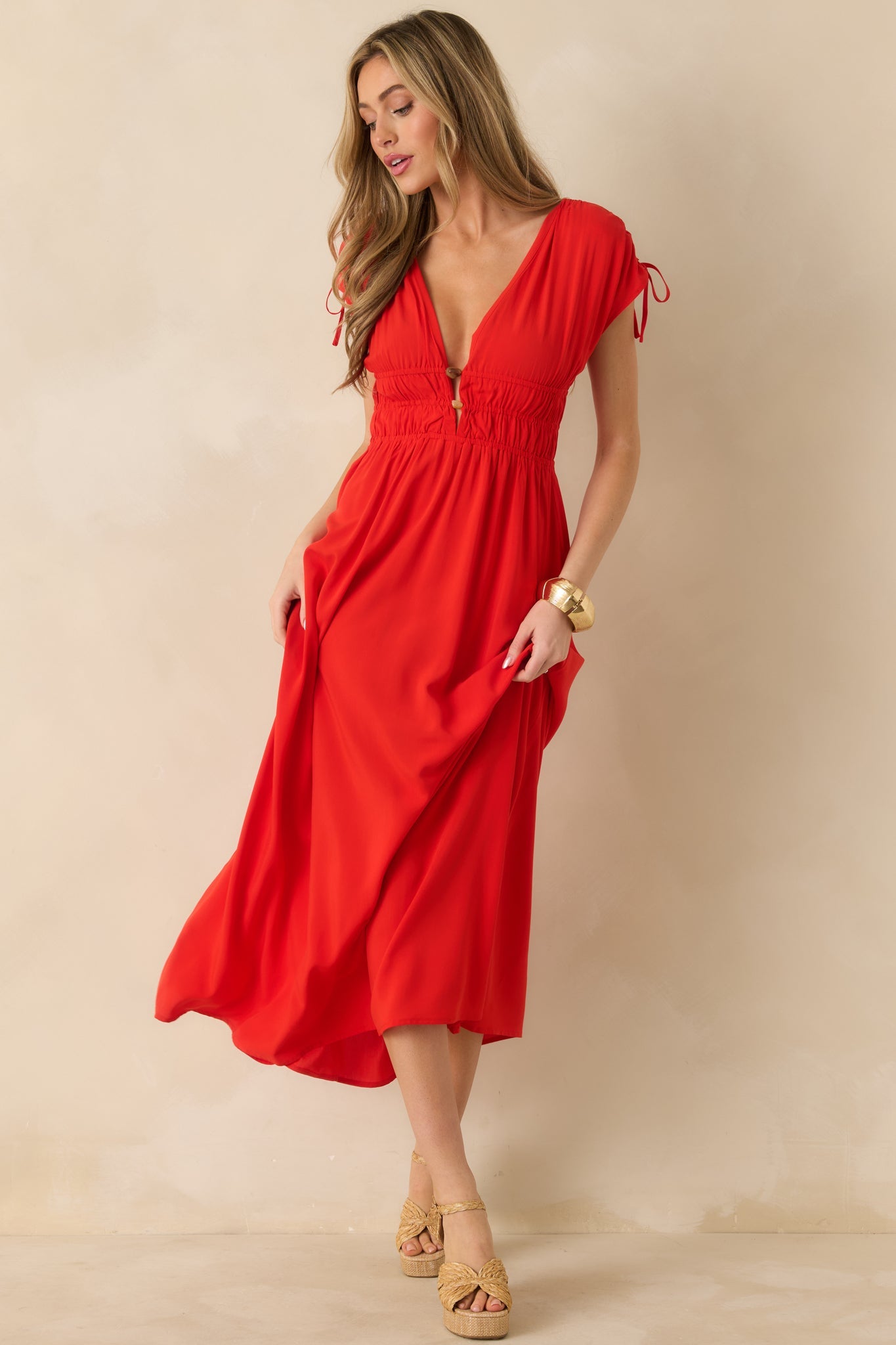 MINKPINK Scarlett Flame Red V-Neck Bead Detail Midi Dress