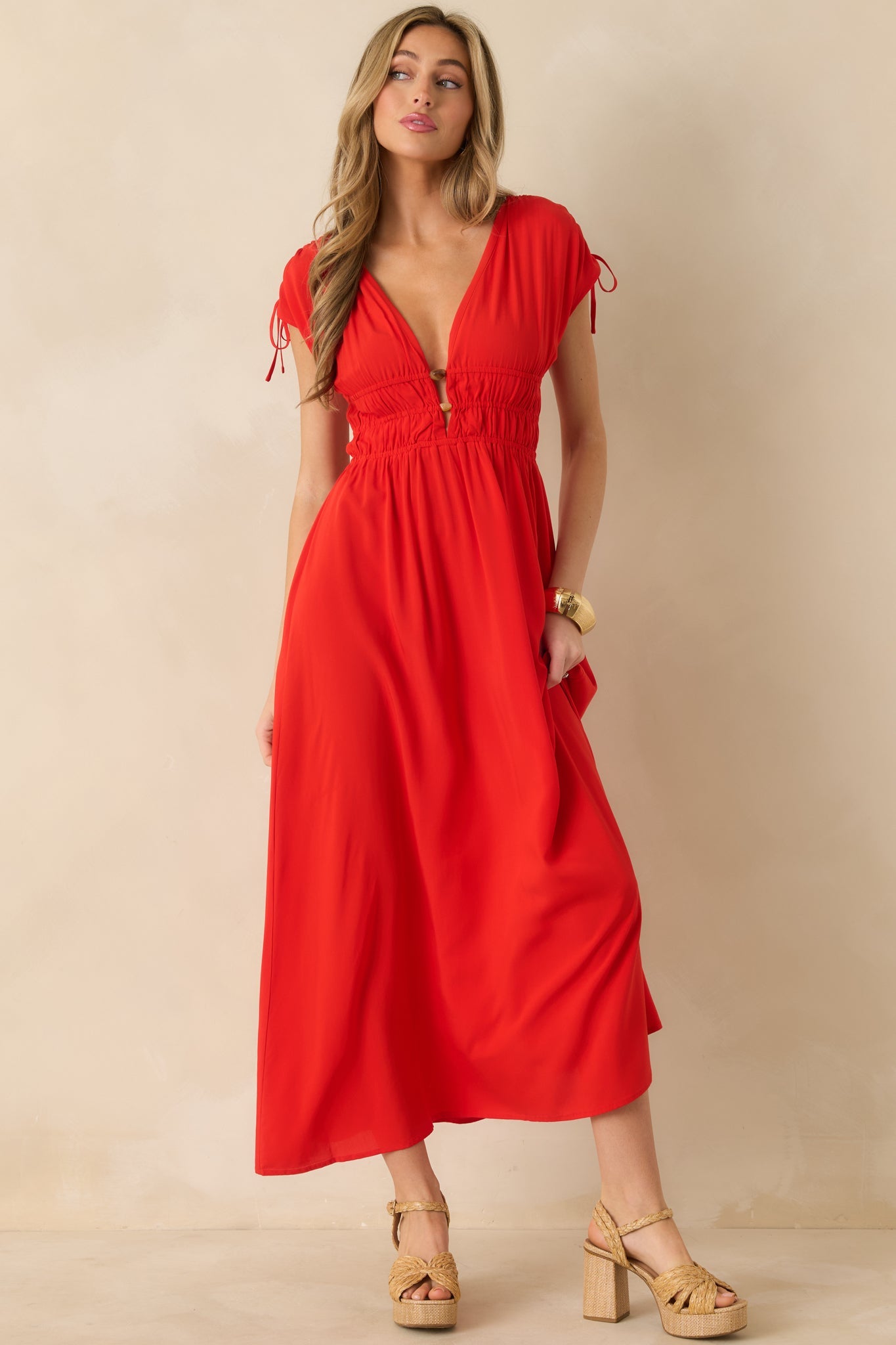 MINKPINK Scarlett Flame Red V-Neck Bead Detail Midi Dress