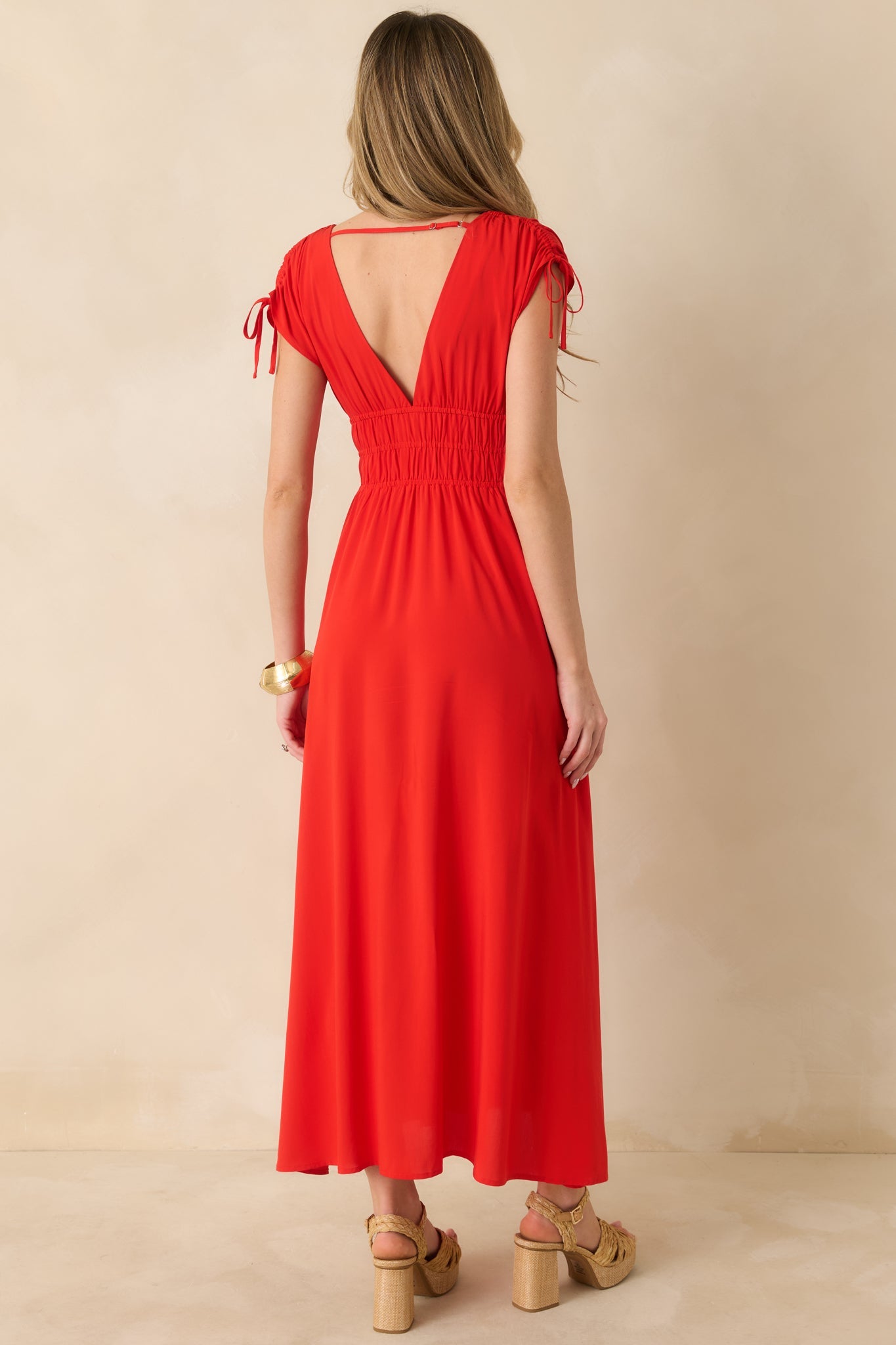 MINKPINK Scarlett Flame Red V-Neck Bead Detail Midi Dress
