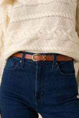 Here All Along Cognac Brown Faux Leather Horseshoe Buckle Belt