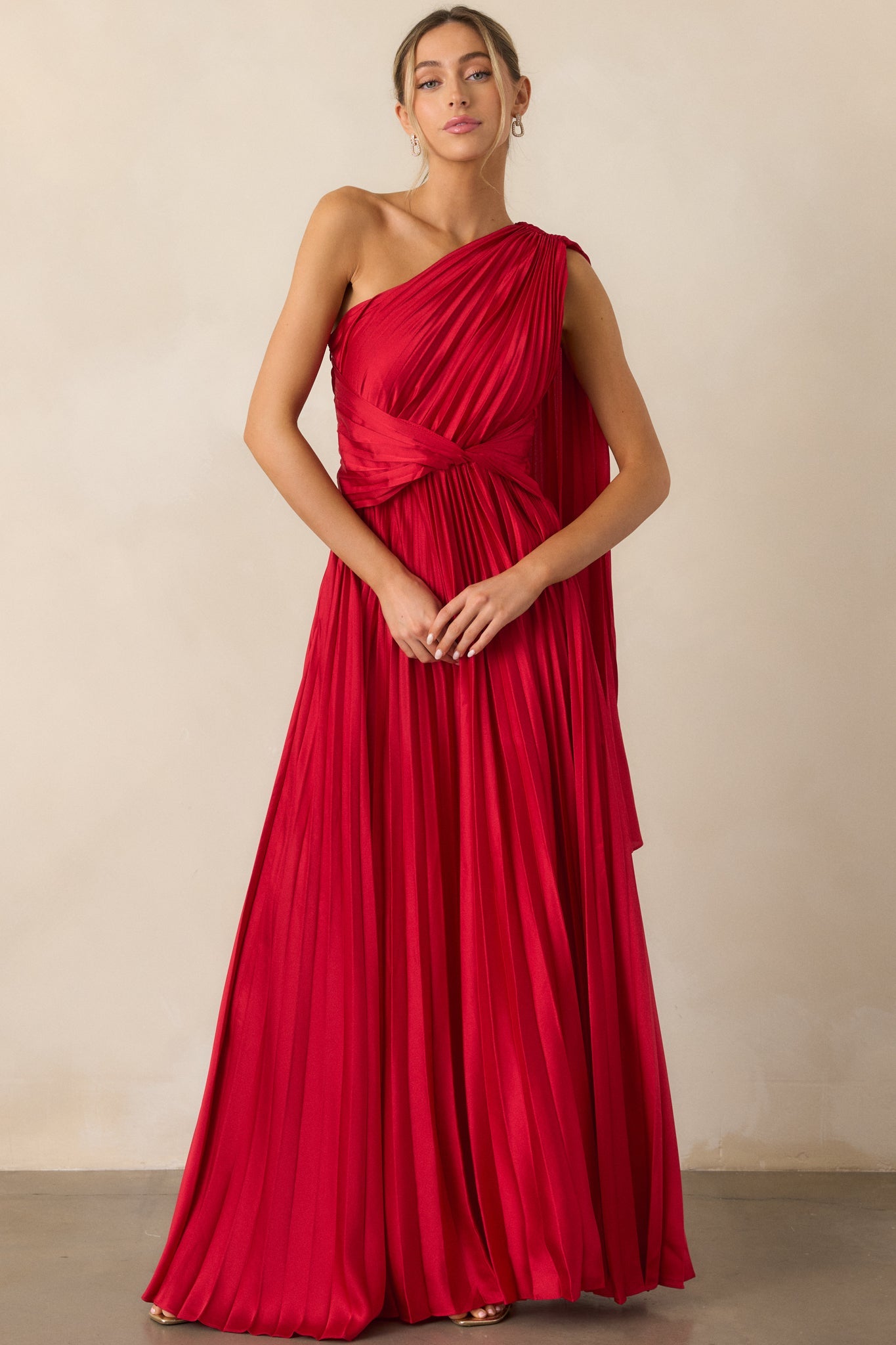 The One I Adore Red One Shoulder Pleated Maxi Dress