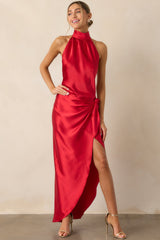 A Night Out Red Satin Halter Neck Maxi Dress