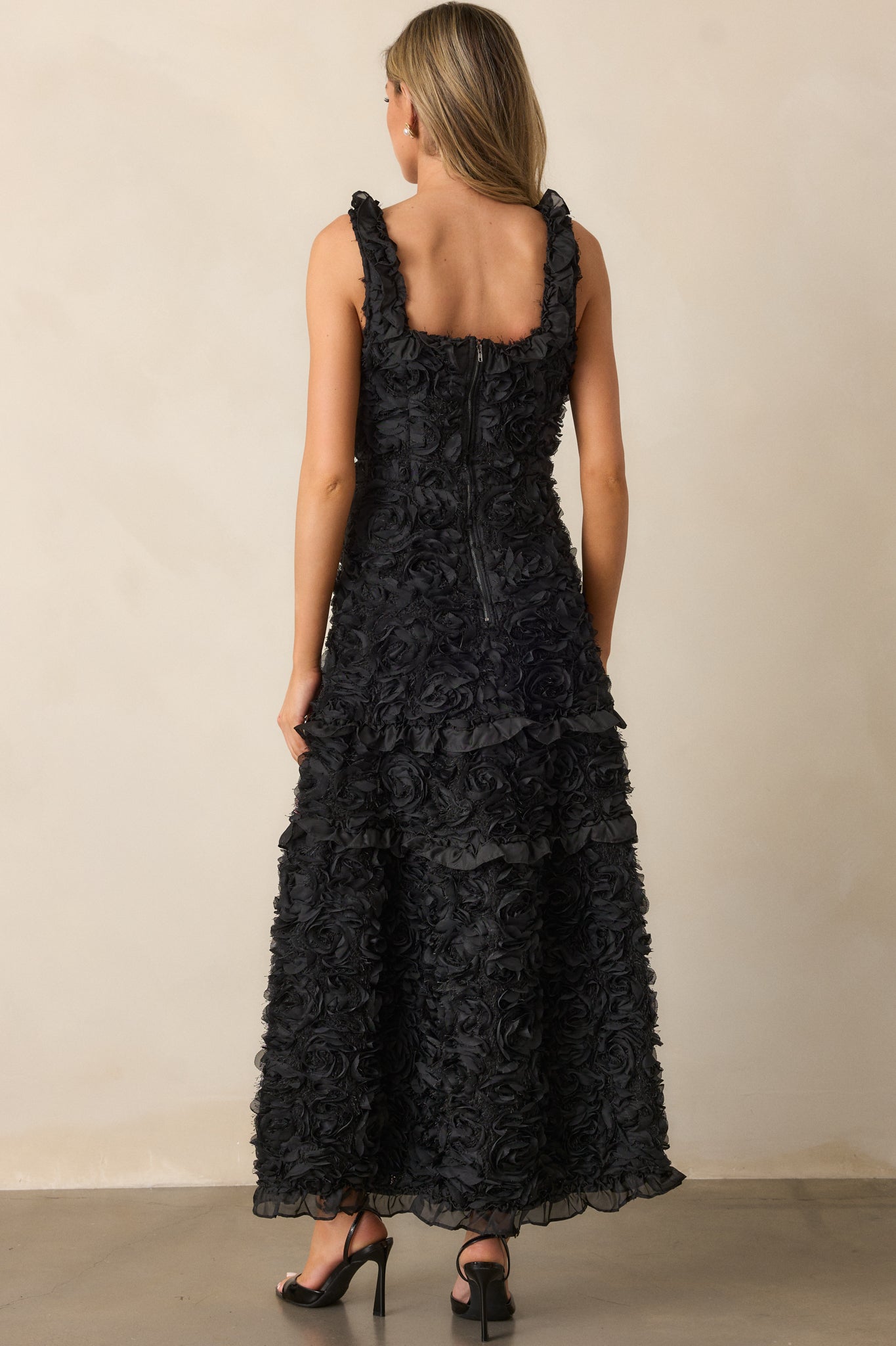 Something Good Black Floral Applique Maxi Dress