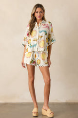 Island Time Ivory Tropical Fruit Print Button Front Top