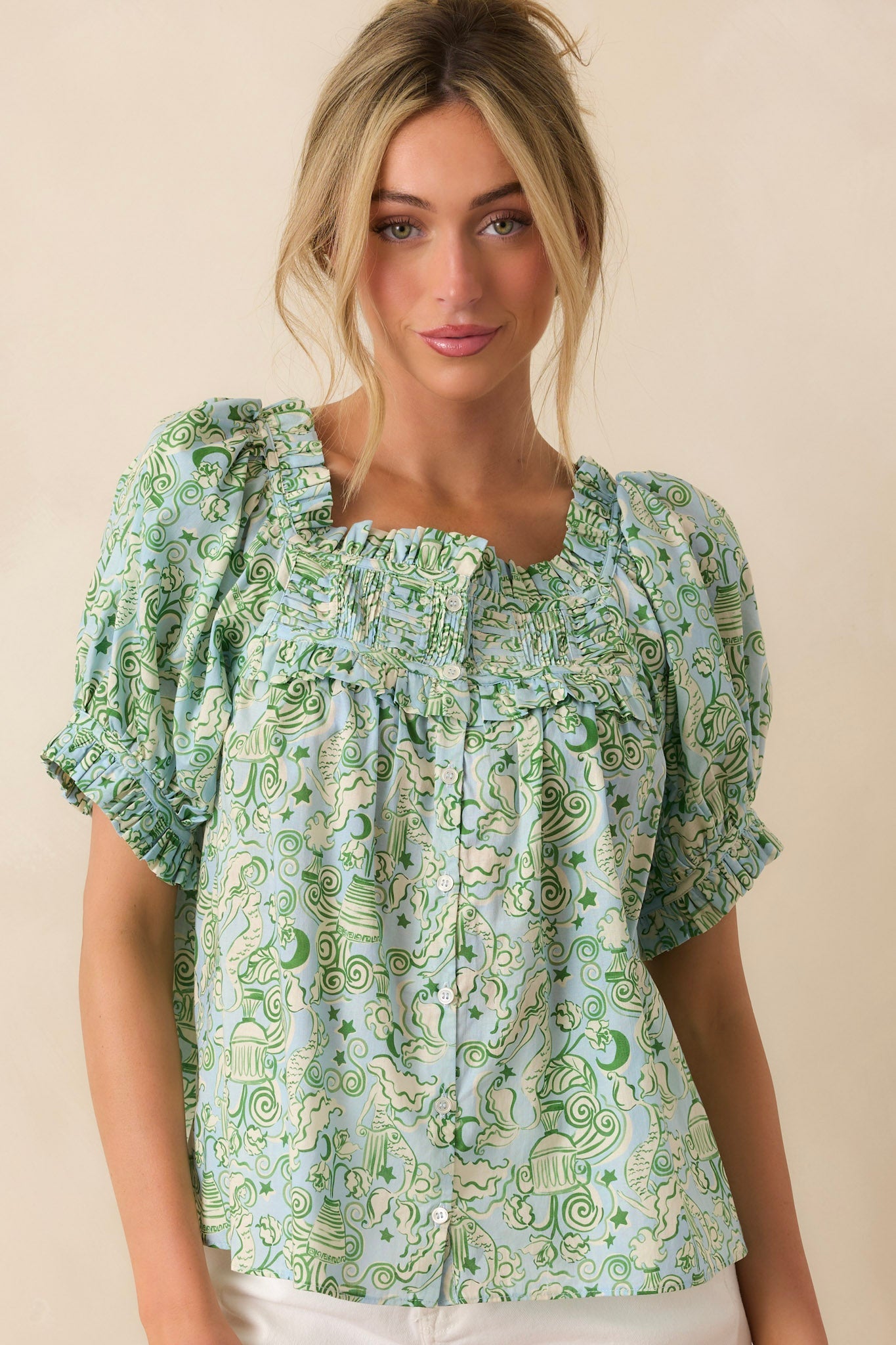 Paradisa Clearwater Seaglass Green Cotton Puff Sleeve Blouse