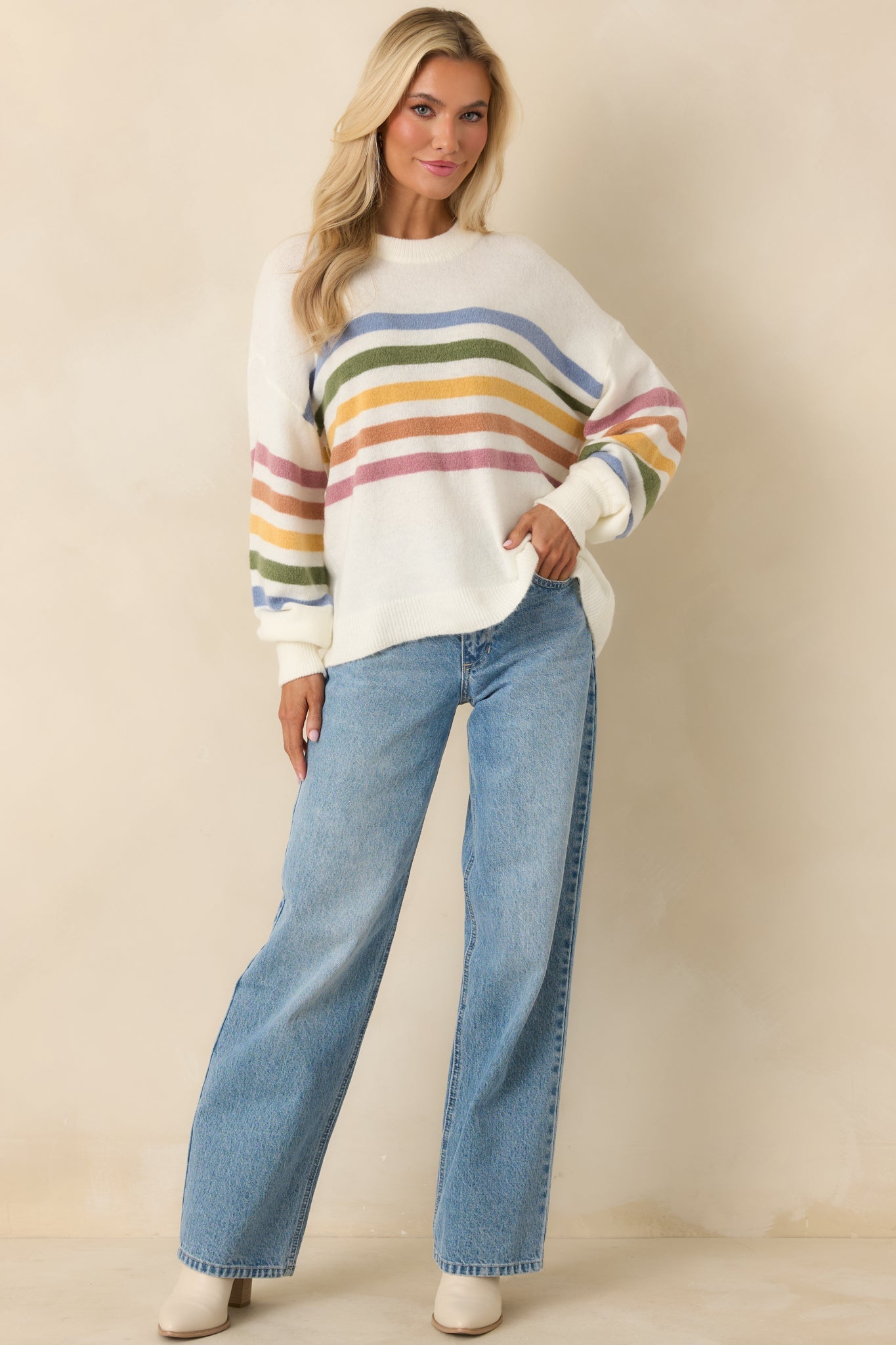 That Tracks Ivory Multi Knit Striped Crewneck Sweater