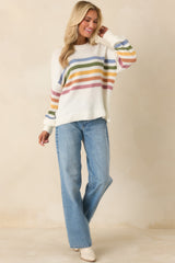 That Tracks Ivory Multi Knit Striped Crewneck Sweater