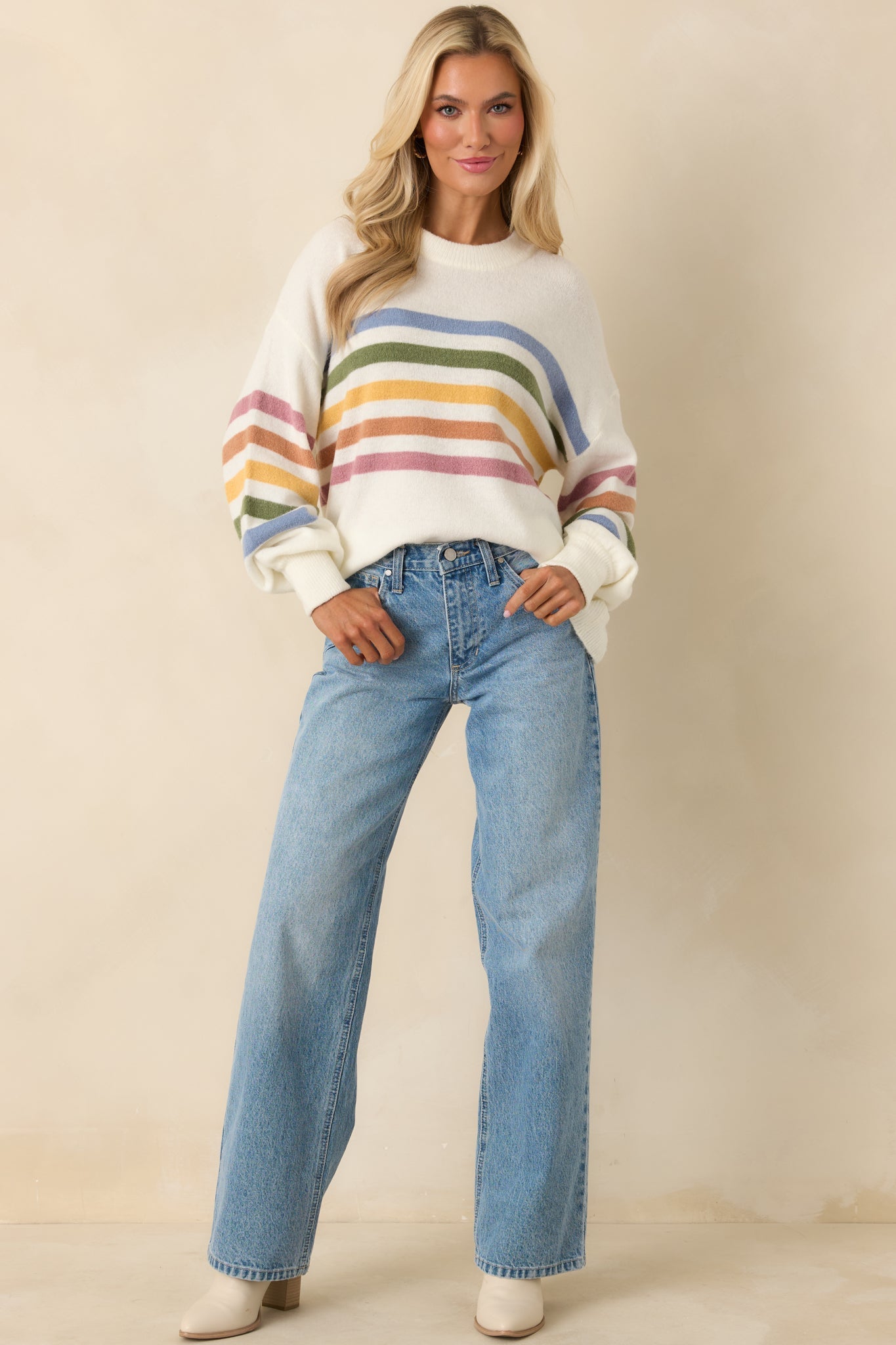 That Tracks Ivory Multi Knit Striped Crewneck Sweater