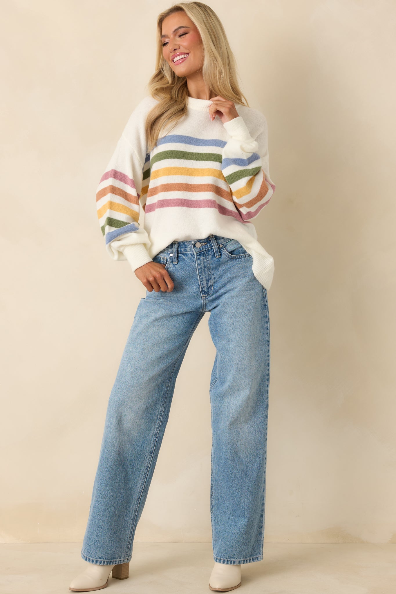That Tracks Ivory Multi Knit Striped Crewneck Sweater