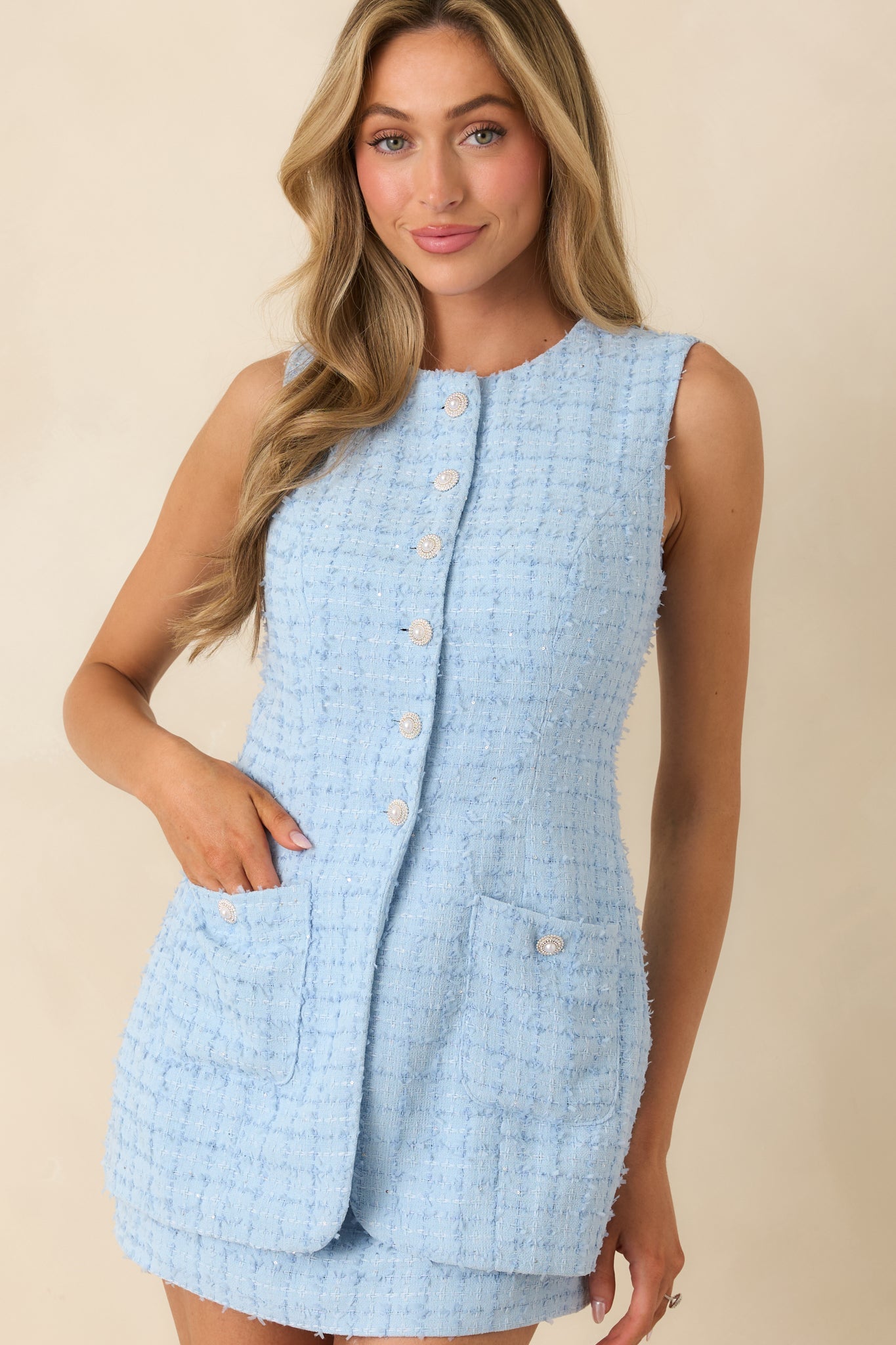 Won't Back Down Light Blue Textured Woven Sleeveless Mini Dress