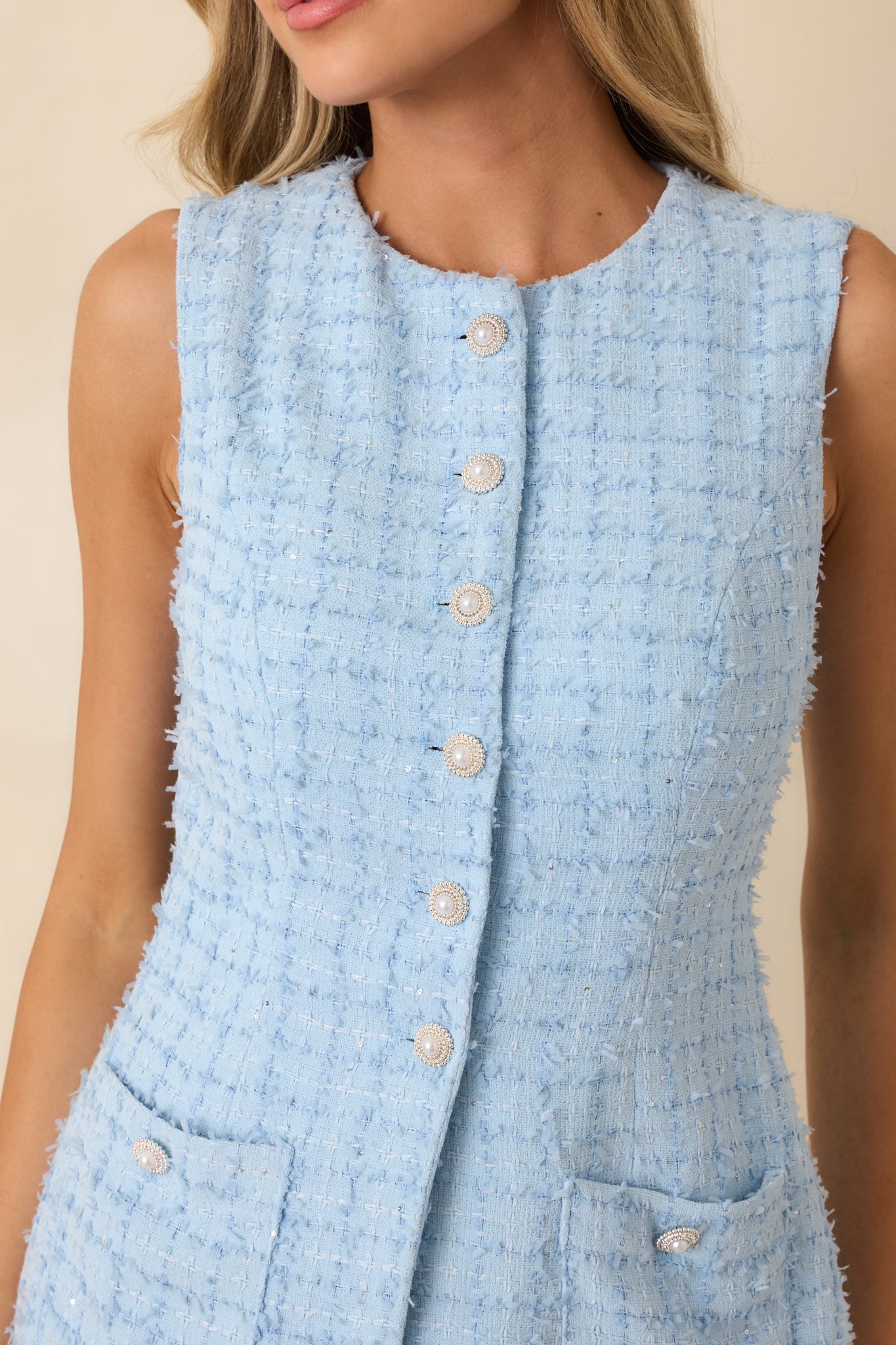 Won't Back Down Light Blue Textured Woven Sleeveless Mini Dress