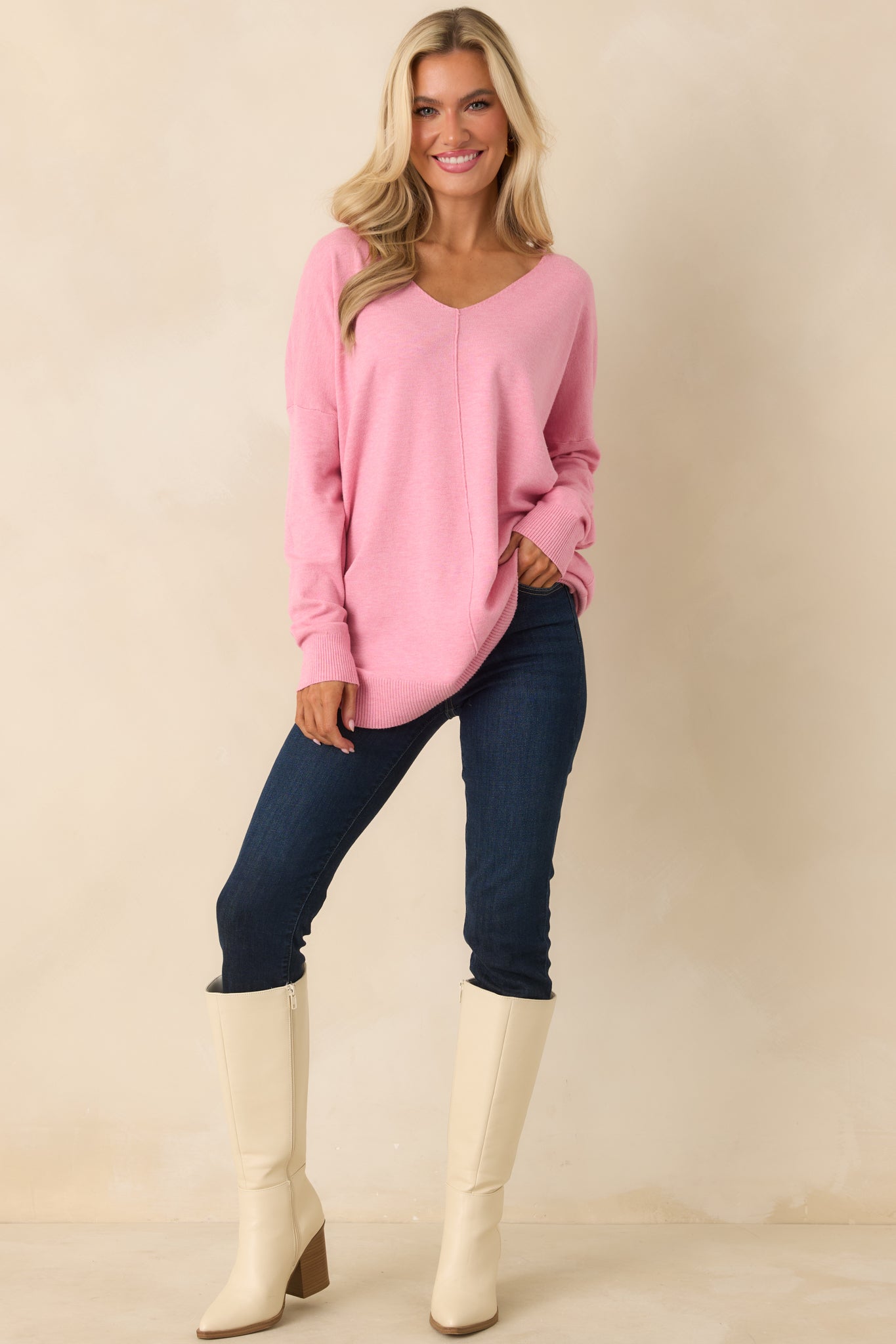 Wind Down Bubblegum Pink Knit Long Sleeve V-Neck Sweater
