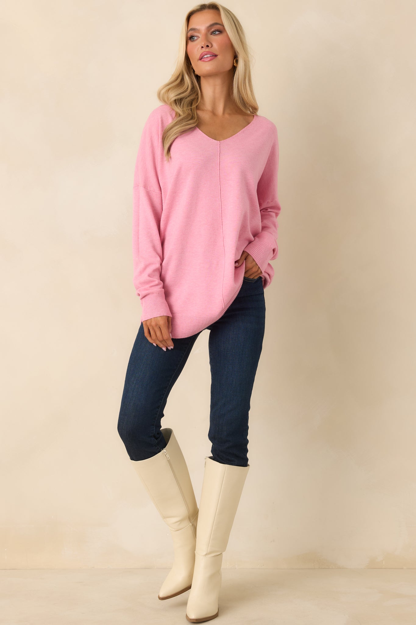 Wind Down Bubblegum Pink Knit Long Sleeve V-Neck Sweater