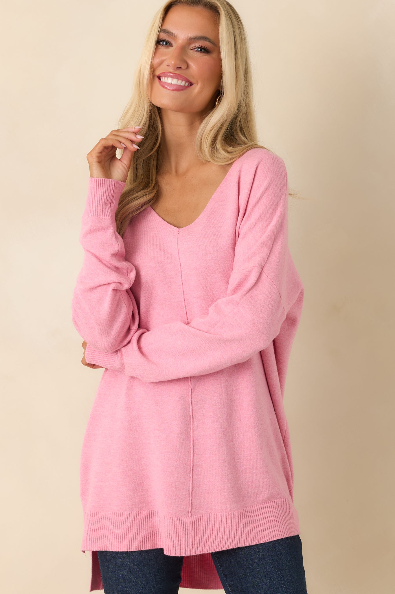 Wind Down Bubblegum Pink Knit Long Sleeve V-Neck Sweater