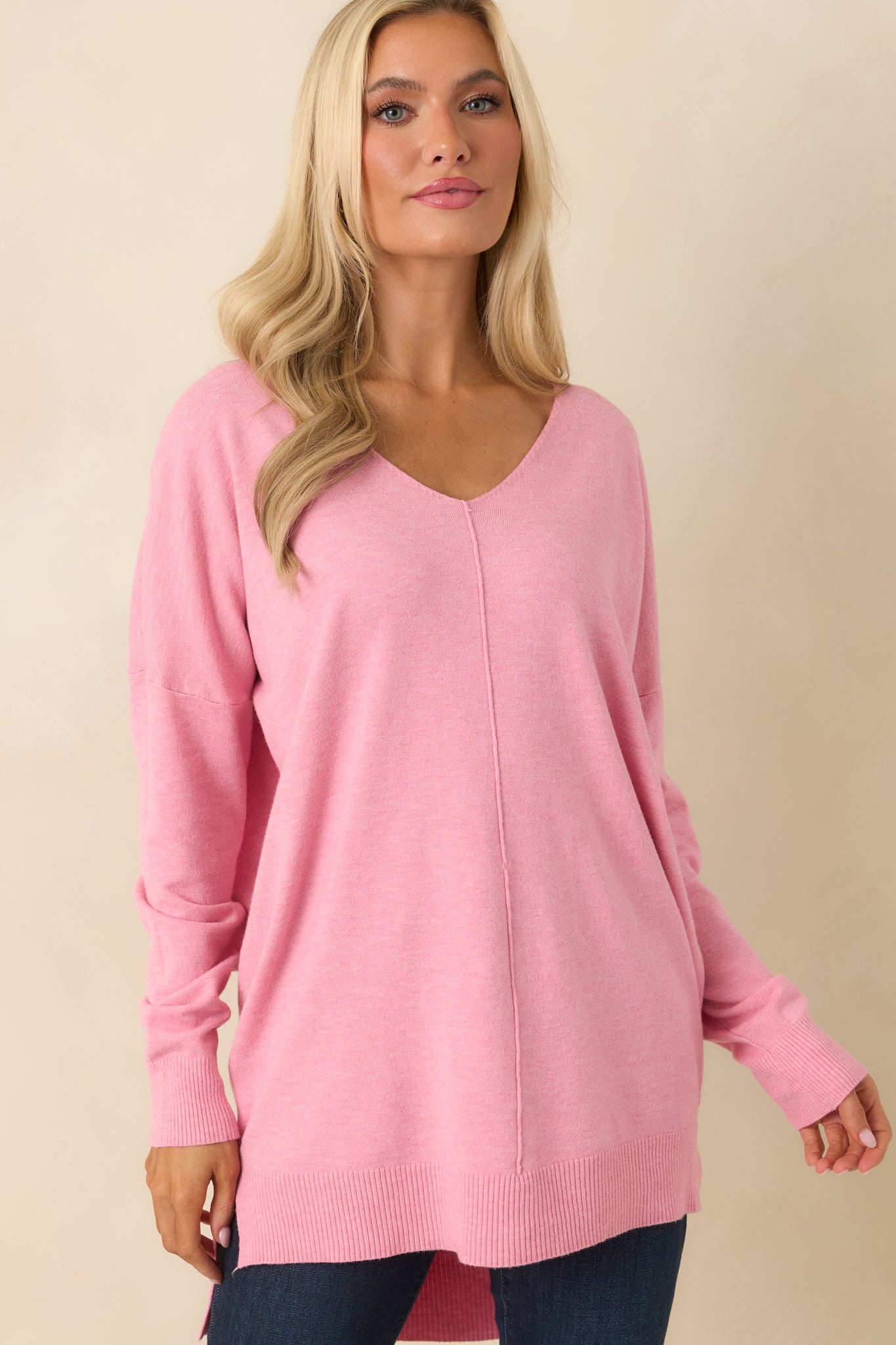 Wind Down Bubblegum Pink Knit Long Sleeve V-Neck Sweater