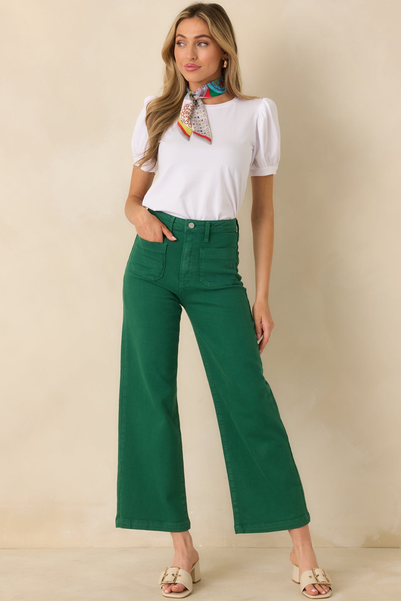 Right Where We Are Kelly Green Cotton High Waisted Wide Leg Jeans