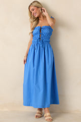 MINKPINK Liana Blue Cotton Tie Detail Midi Dress