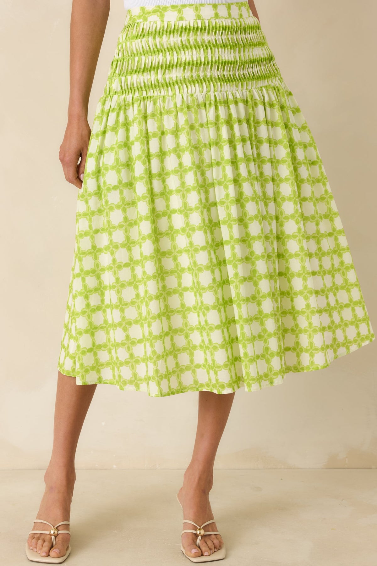 Bright Intentions Chartreuse Printed Cotton Midi Skirt