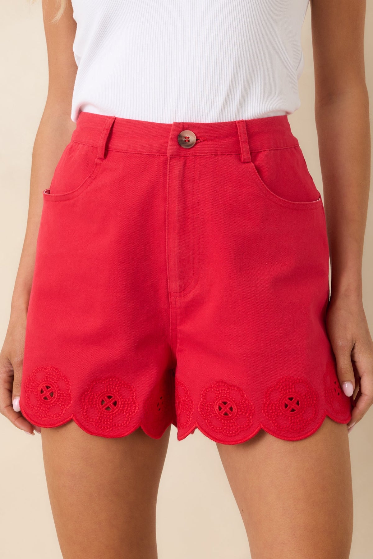 Just Darling Red Cotton Scalloped Hem Shorts