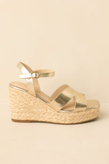 Glow With Every Step Gold Metallic Faux Leather Espadrille Wedge Sandals