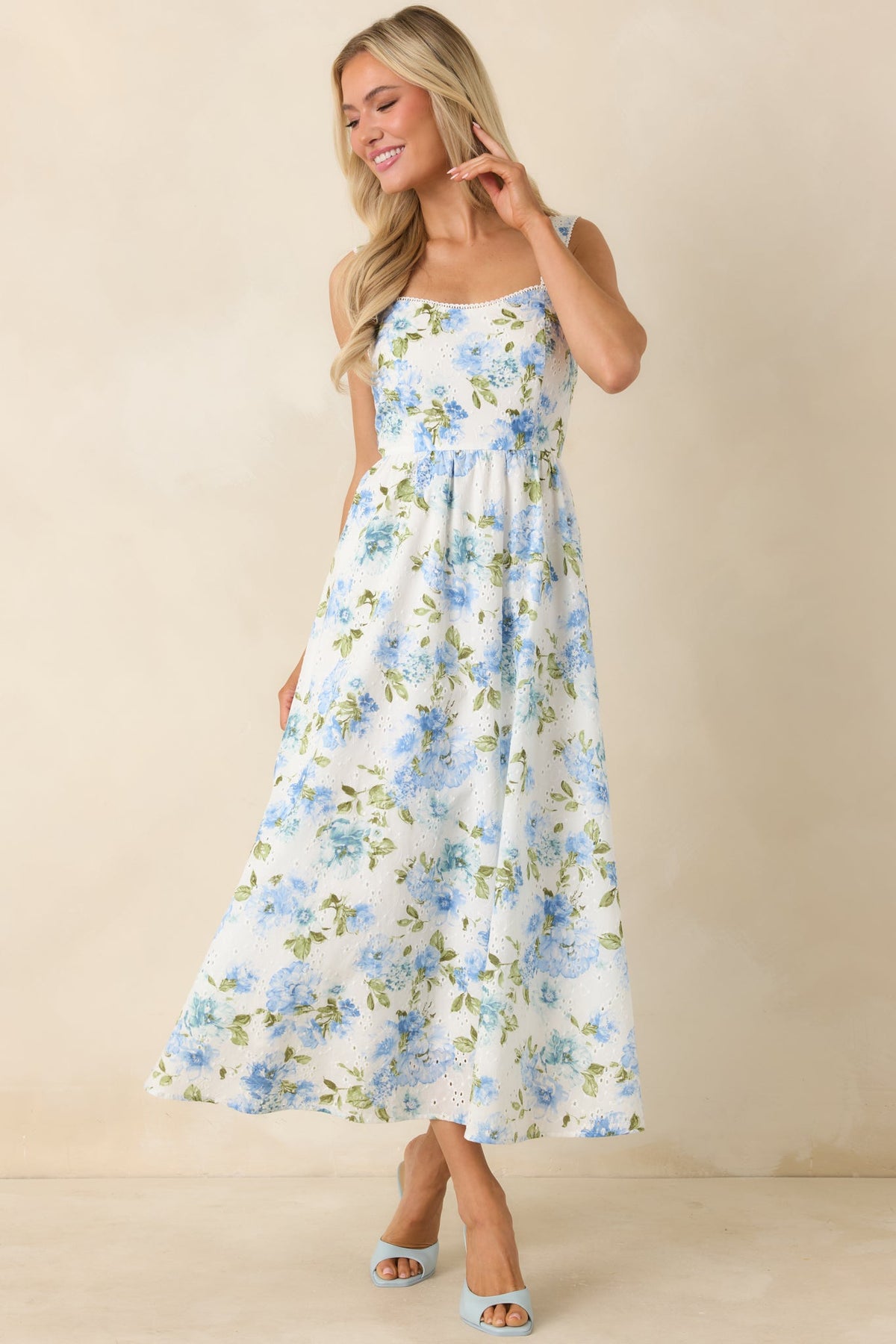 Timelessly True Blue & White Floral Eyelet Cotton Midi Dress