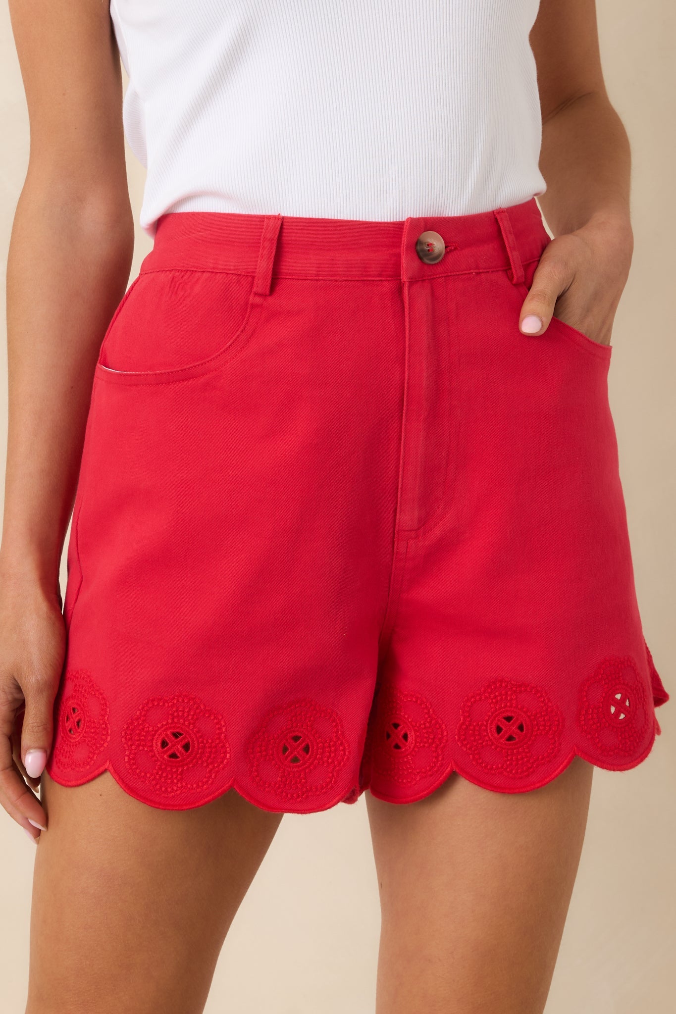 Just Darling Red Cotton Scalloped Hem Shorts
