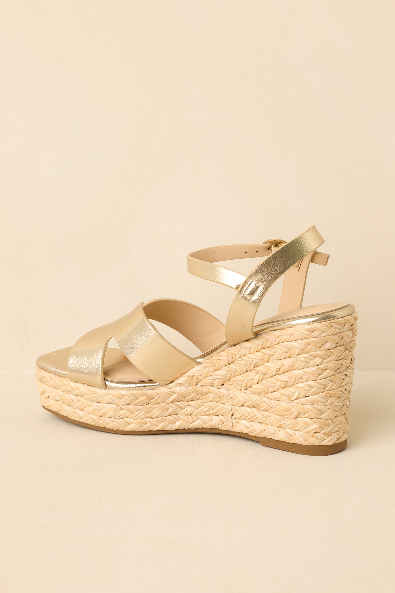Glow With Every Step Gold Metallic Faux Leather Espadrille Wedge Sandals